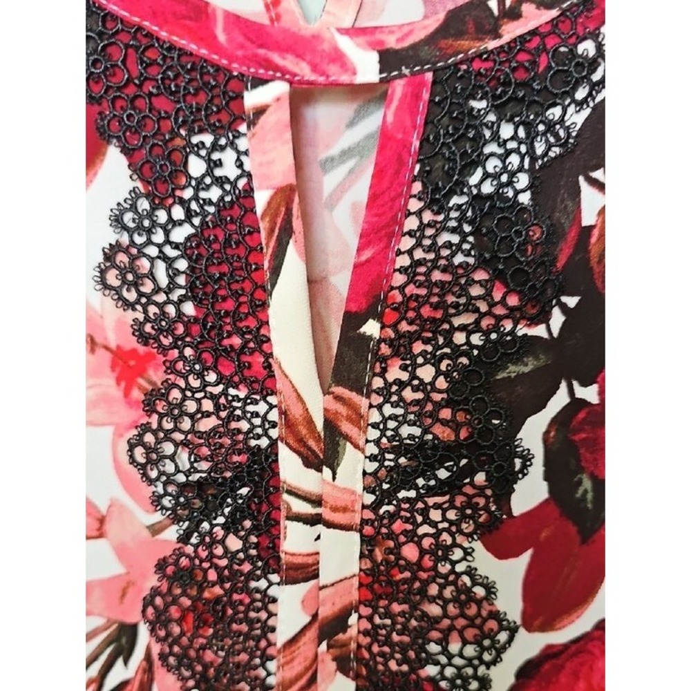 Karl Lagerfeld Paris Floral Lace Trim Keyhole Sleeveless Top XL Red Pink - Picture 2 of 7